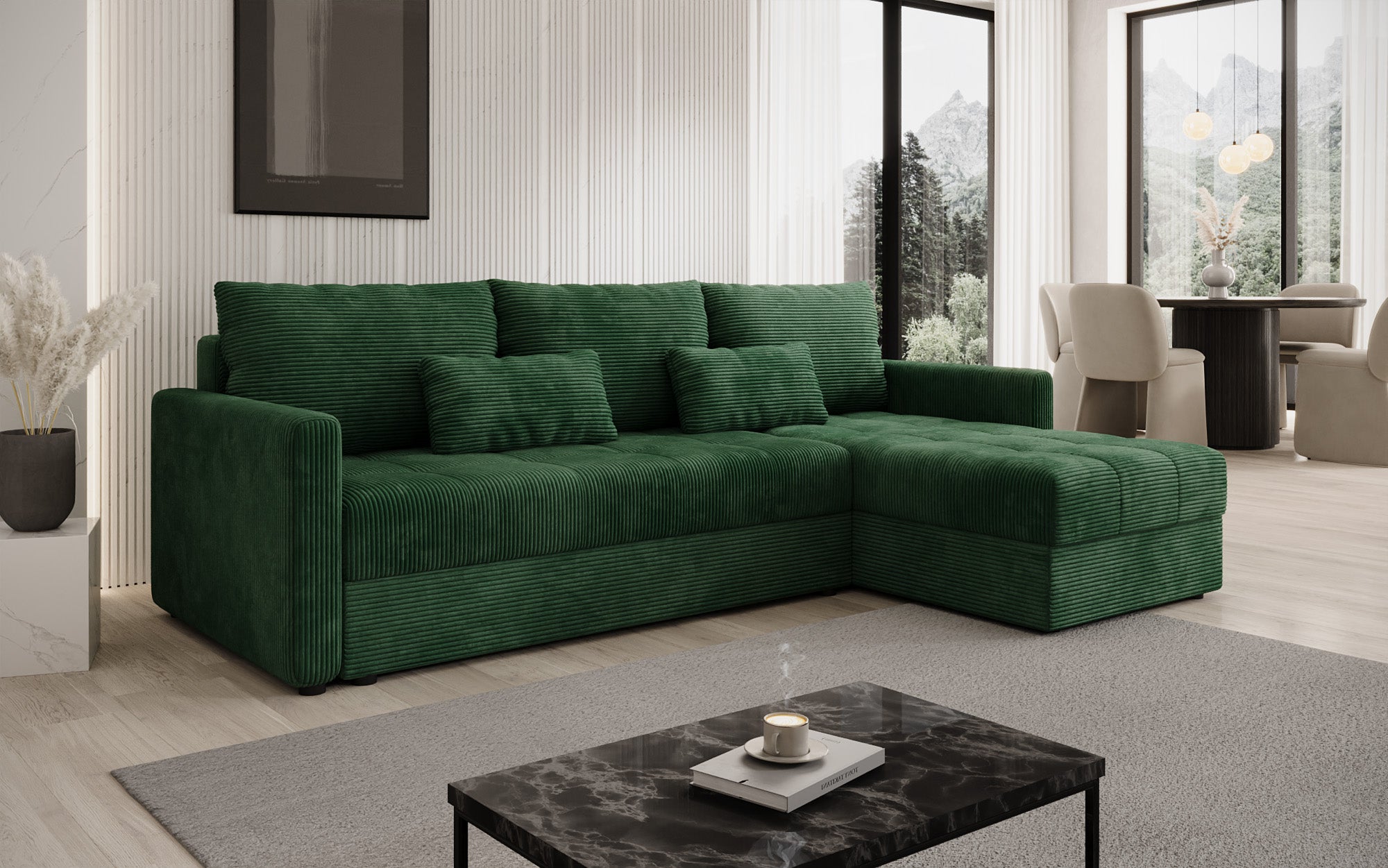 Designer Ecksofa Roma in Cord mit Schlaf- und Klappfunktion