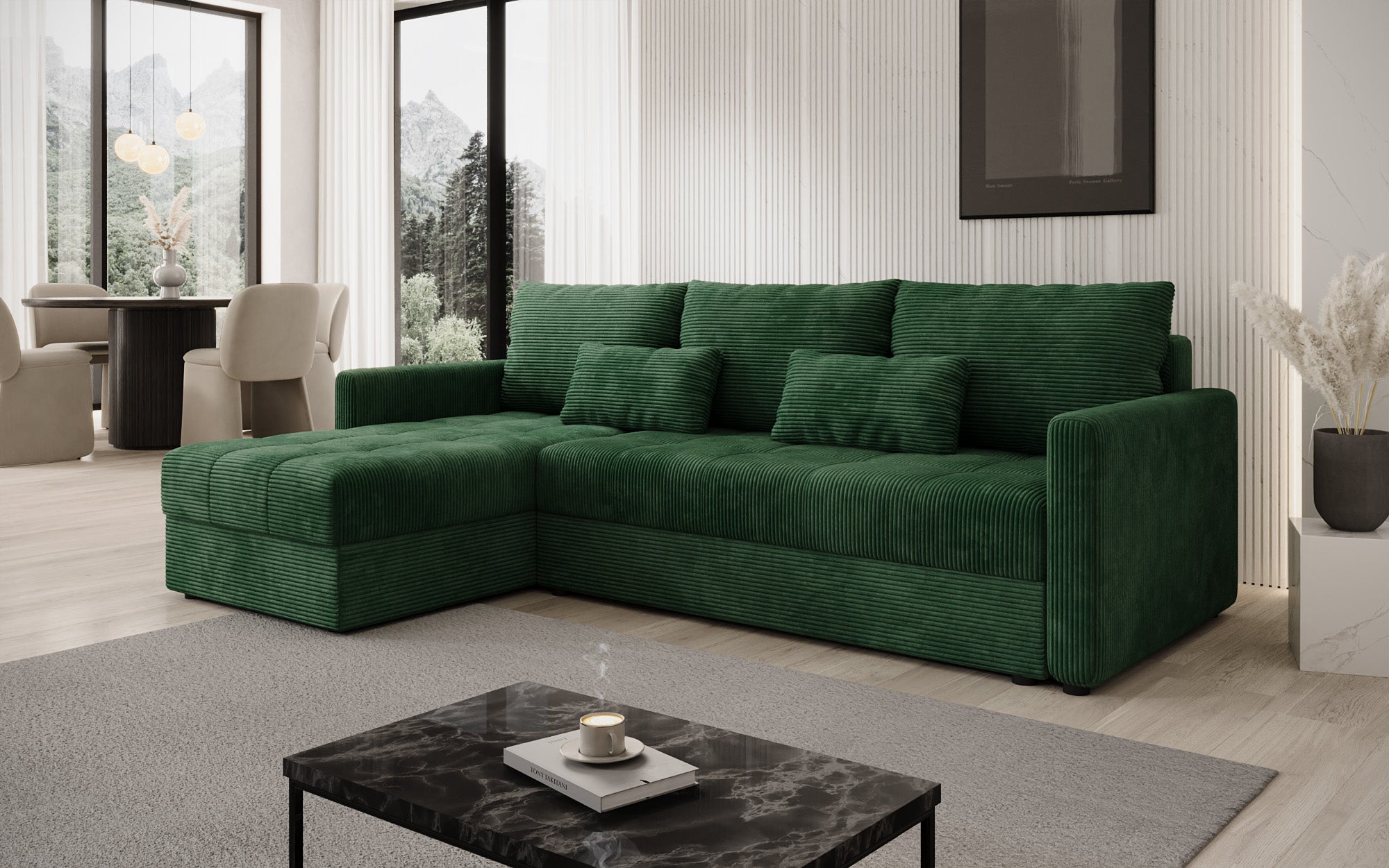 Designer Ecksofa Roma in Cord mit Schlaf- und Klappfunktion