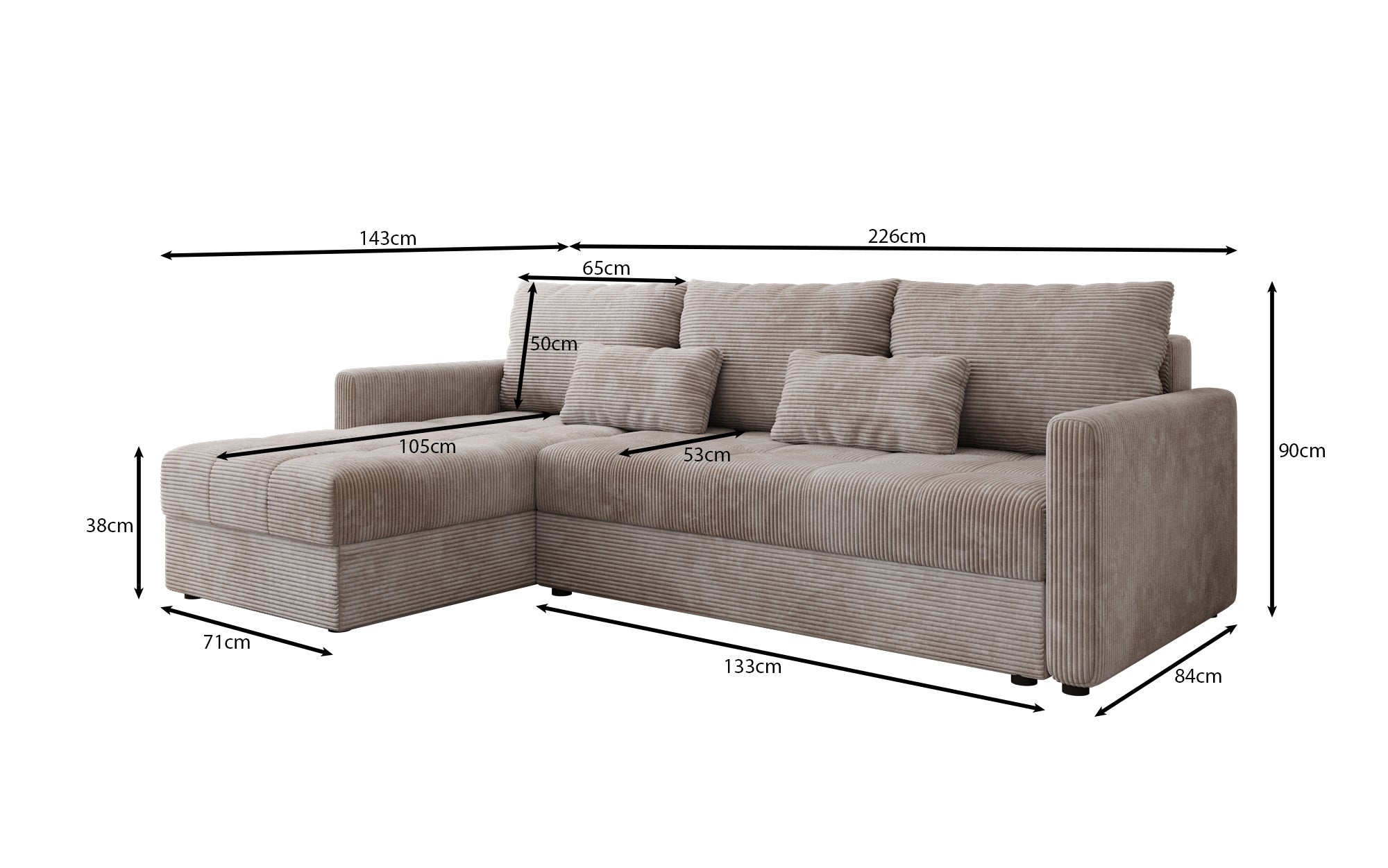 Designer Sofa Roma in Cord mit Schlaf- und Klappfunktion