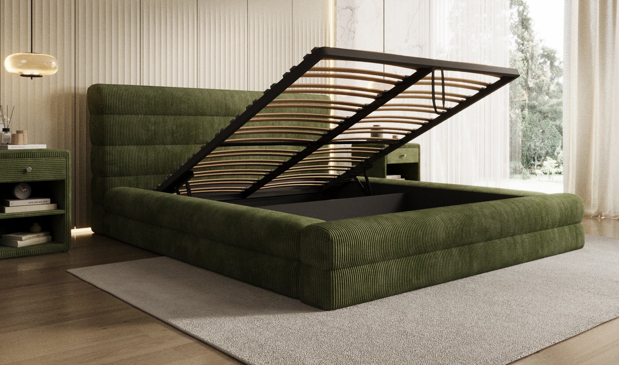 Designer Polsterbett Maren Cord mit Stauraum