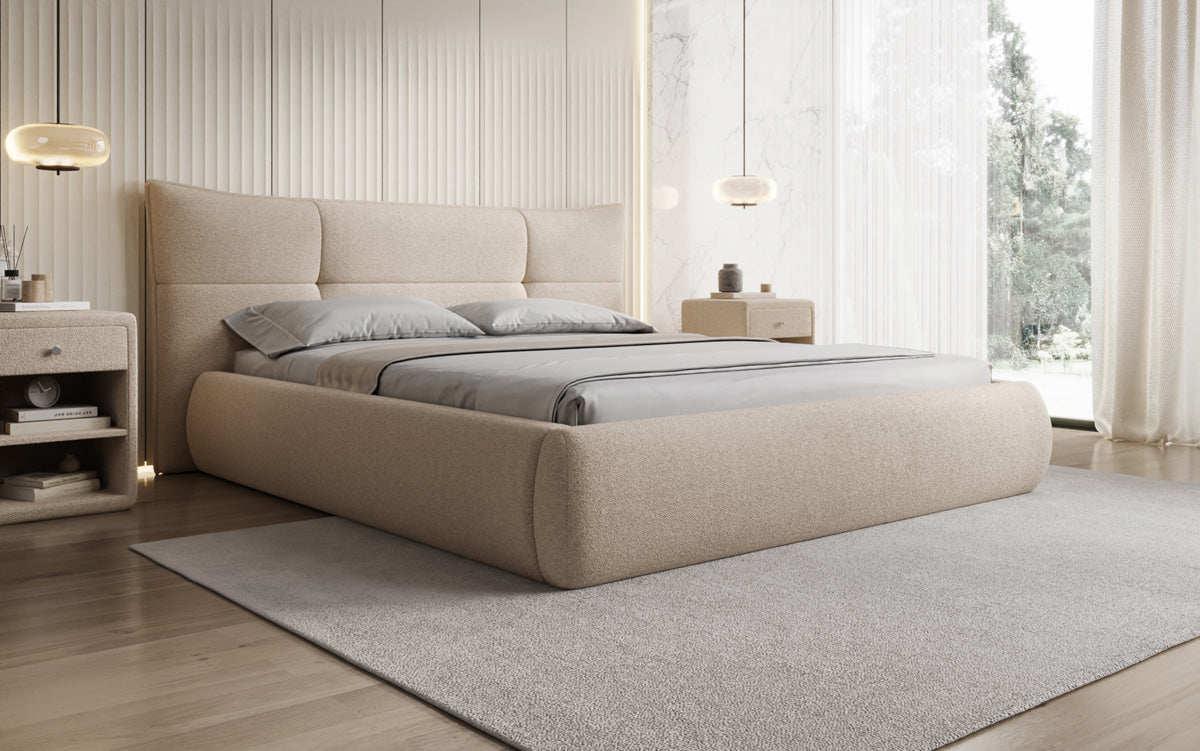 Designer Polsterbett Gioia in Teddy Bouclé mit Stauraum
