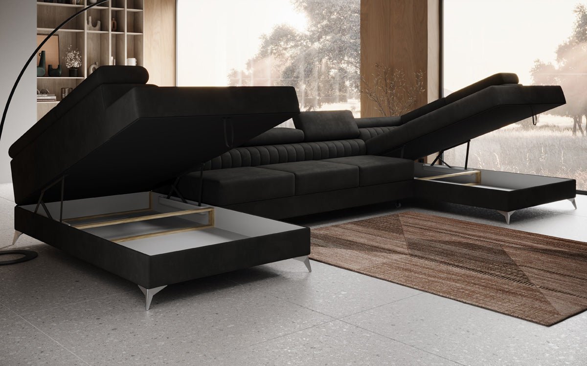 Designer Sofa Aurea U XXL mit Schlaf- und Klappfunktion in Samt