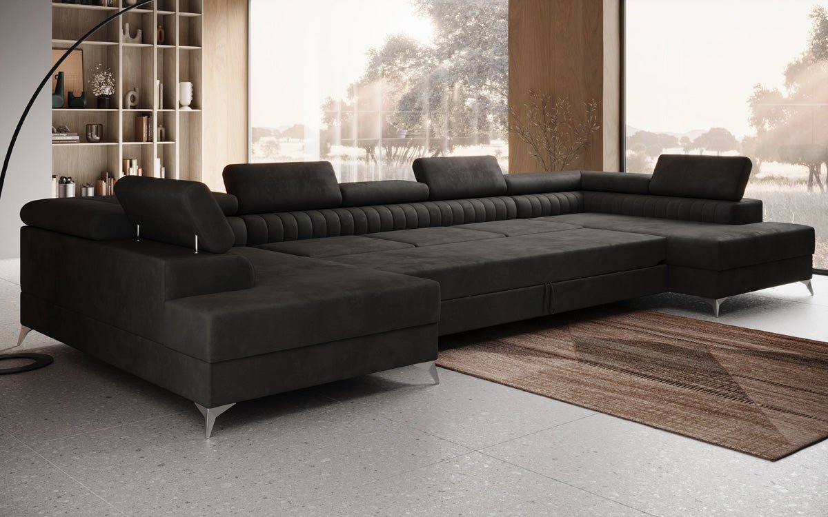 Designer Sofa Aurea U XXL mit Schlaf- und Klappfunktion in Samt