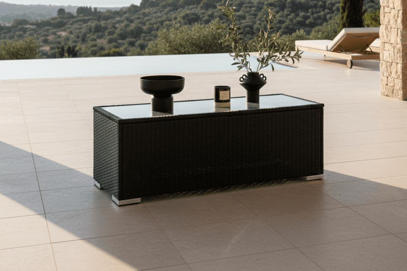 Garten Couchtisch Lena - Aus Rattan und Glas in Schwarz