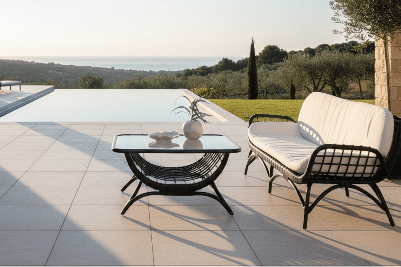 Garten Couchtisch Sarina - Aus Rattan und Glas in Schwarz