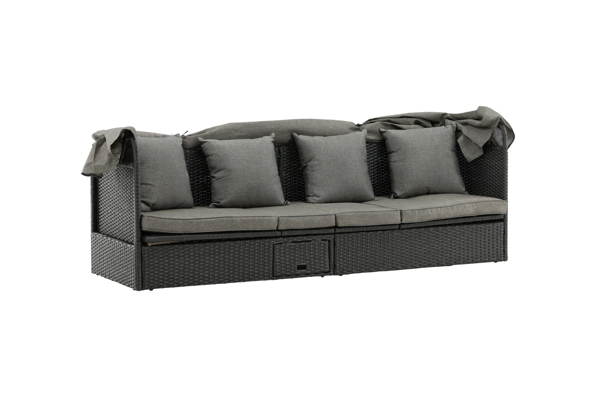 Garten Daybed Merano – Outdoor-Liege mit Sonnendach aus Polyrattan in Schwarz
