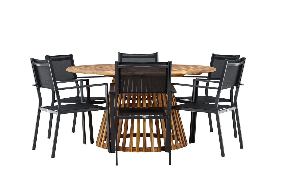 Garten Essgruppe Sona – 7-teiliges Gartenmöbel-Set mit schwarzen Stühlen und Tisch aus Akazie