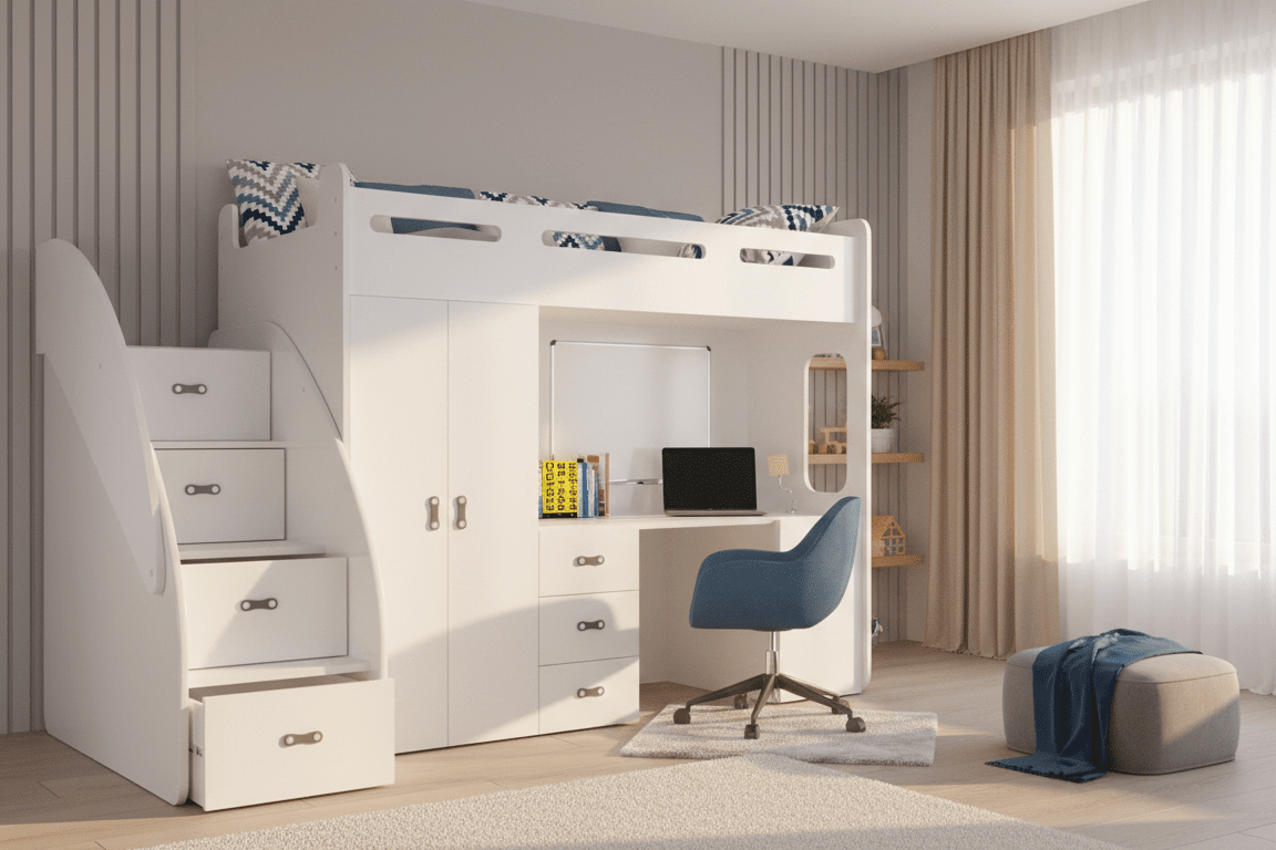 Kinderhochbett Study -  mit Schreibtisch, viel Stauraum & Matratze