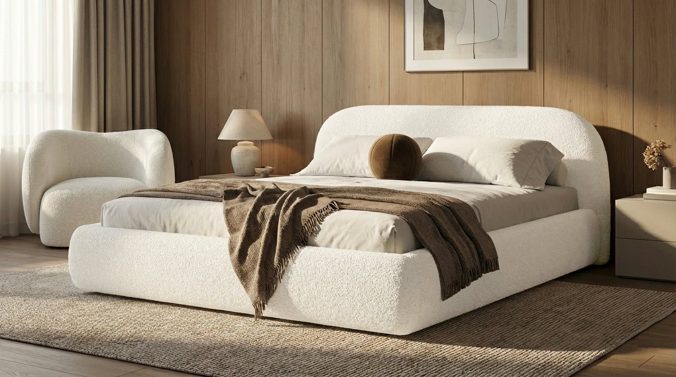 Designer Polsterbett Luma in Bouclé mit Stauraum