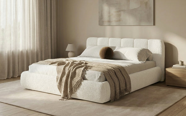 Designer Polsterbett Avelo in Bouclé mit Stauraum