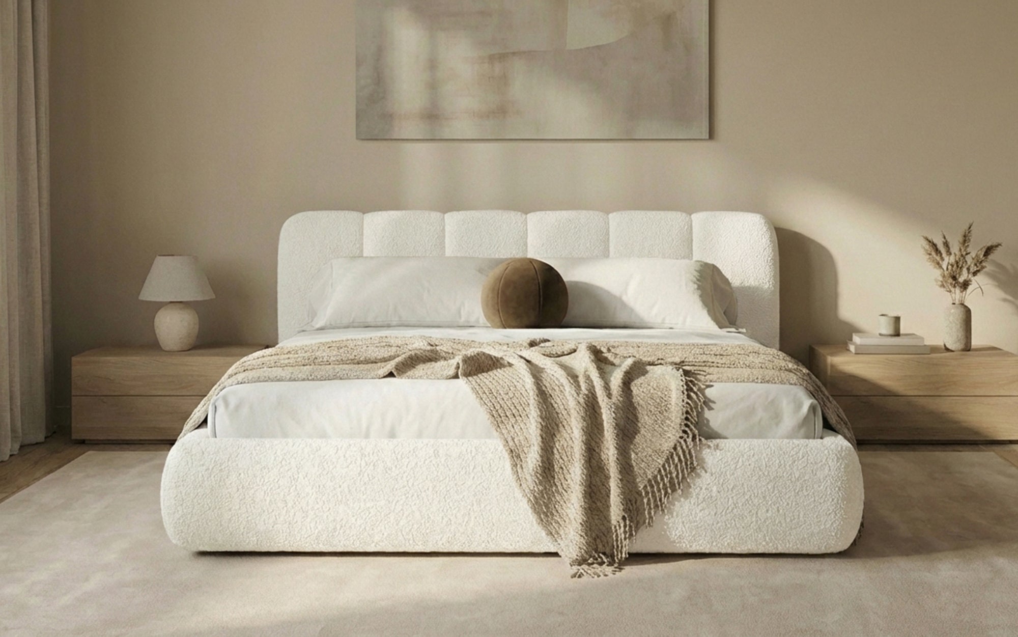 Designer Polsterbett Avelo in Bouclé mit Stauraum