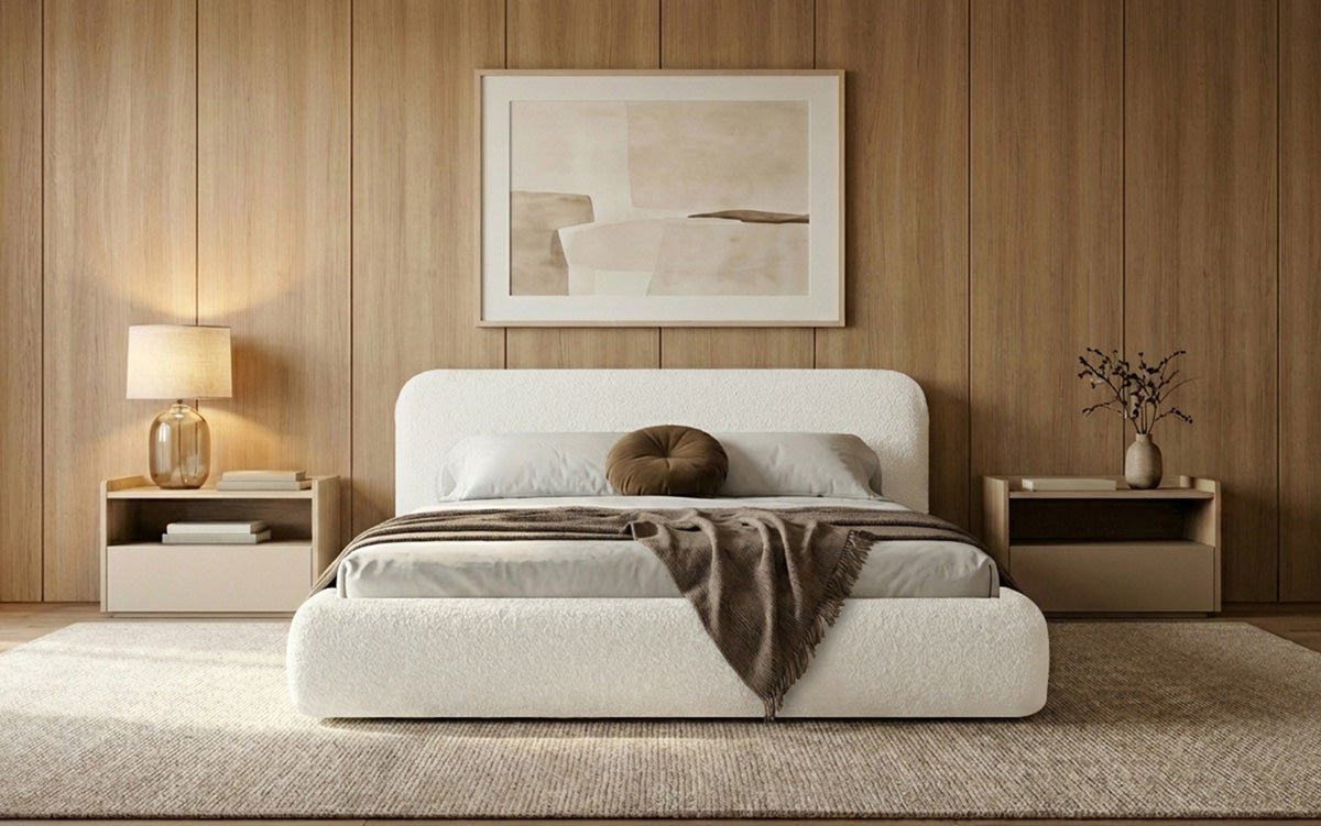 Designer Polsterbett Arosa in Bouclé mit Stauraum