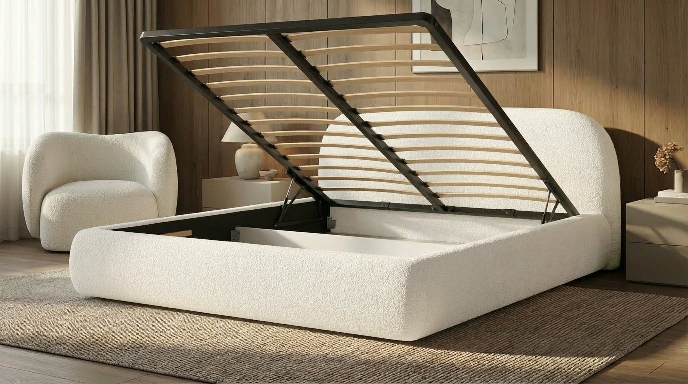 Designer Polsterbett Luma in Bouclé mit Stauraum