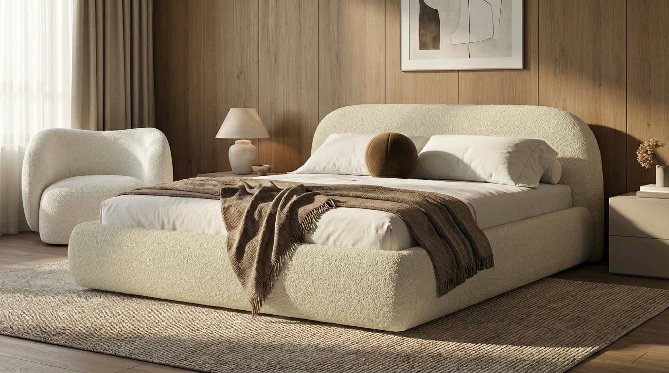 Designer Polsterbett Luma in Bouclé mit Stauraum