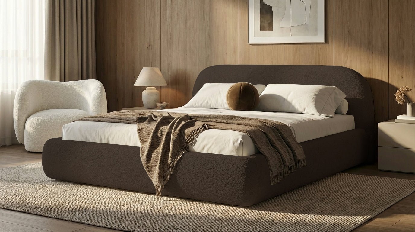 Designer Polsterbett Luma in Bouclé mit Stauraum