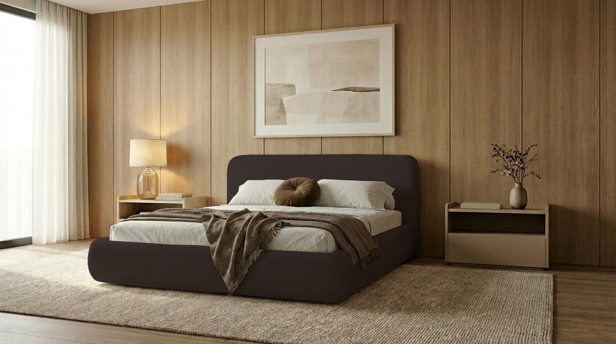 Designer Polsterbett Arosa in Bouclé mit Stauraum