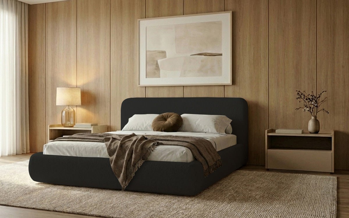 Designer Polsterbett Arosa in Bouclé mit Stauraum