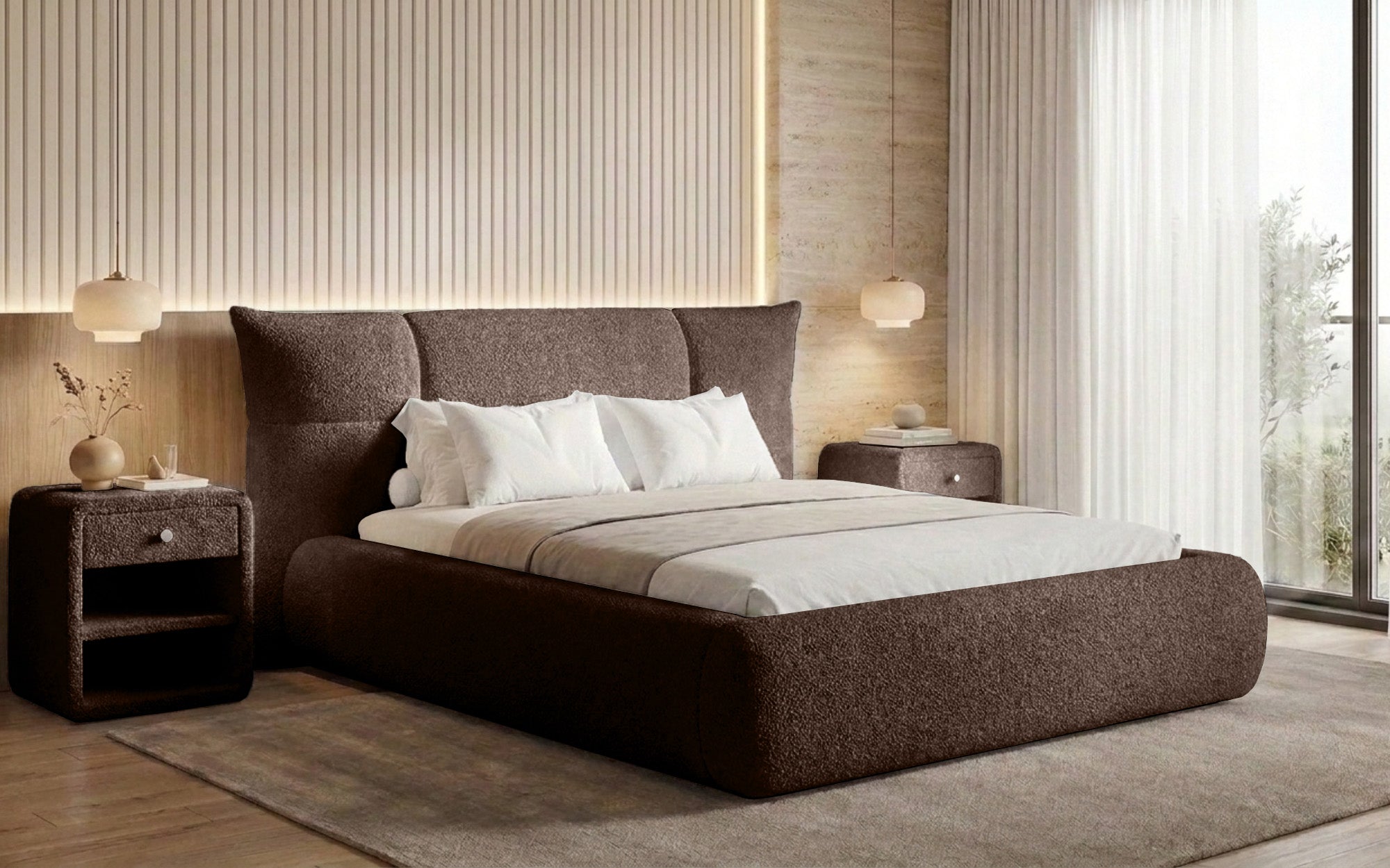 Designer Polsterbett Gioia in Teddy Bouclé mit Stauraum