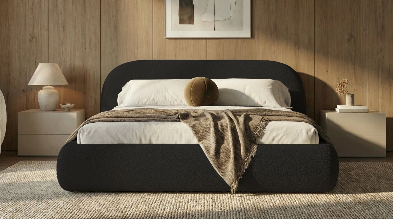 Designer Polsterbett Luma in Bouclé mit Stauraum