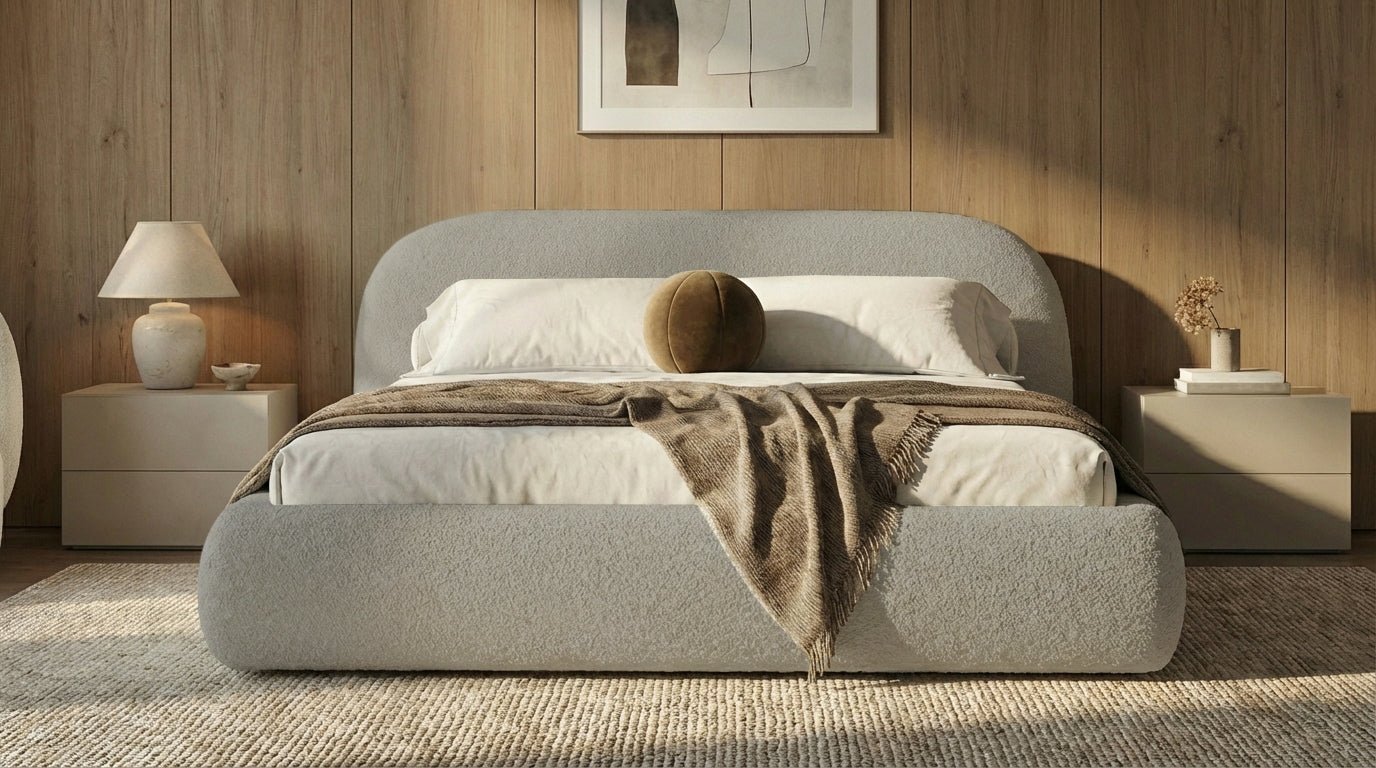 Designer Polsterbett Luma in Bouclé mit Stauraum