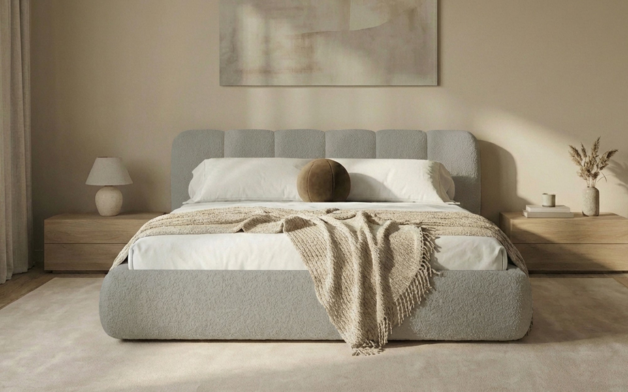 Designer Polsterbett Avelo in Bouclé mit Stauraum