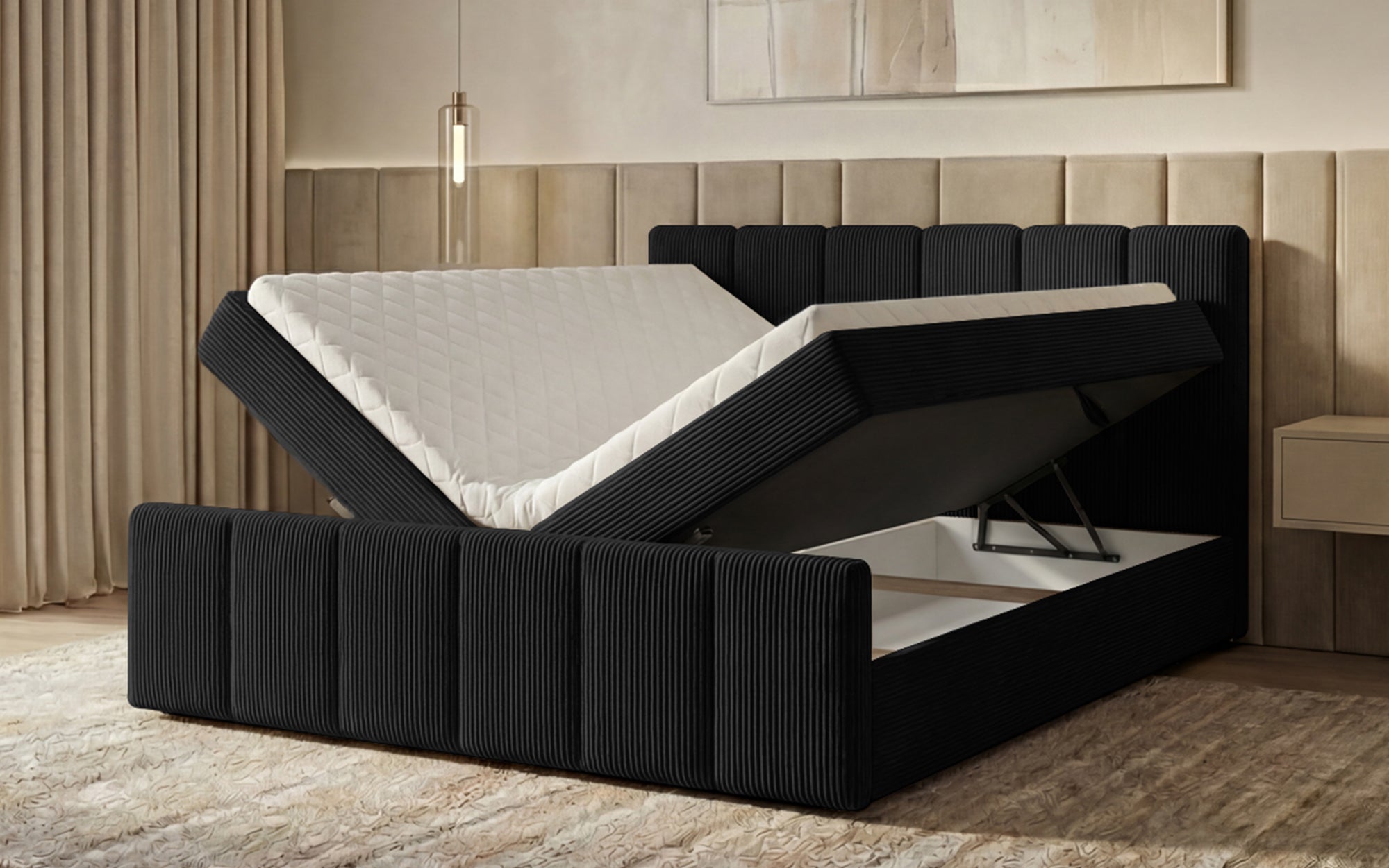 Boxspringbett Siena mit hochklappbarem Stauraum in Cord