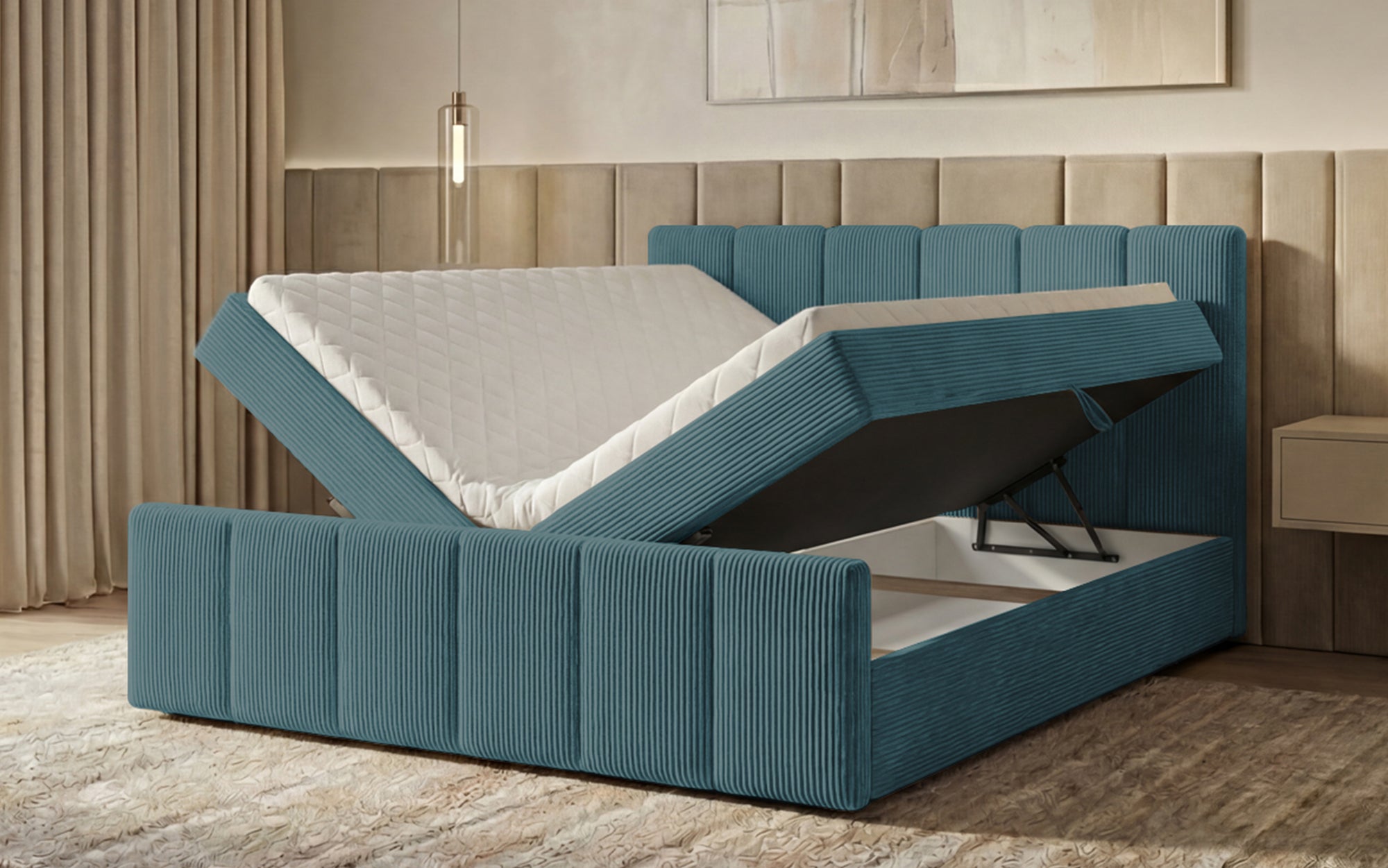 Boxspringbett Siena mit hochklappbarem Stauraum in Cord