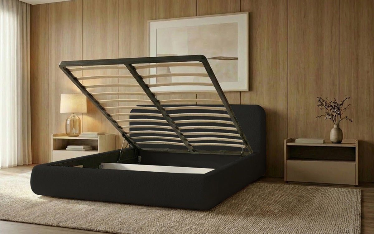 Designer Polsterbett Arosa in Bouclé mit Stauraum