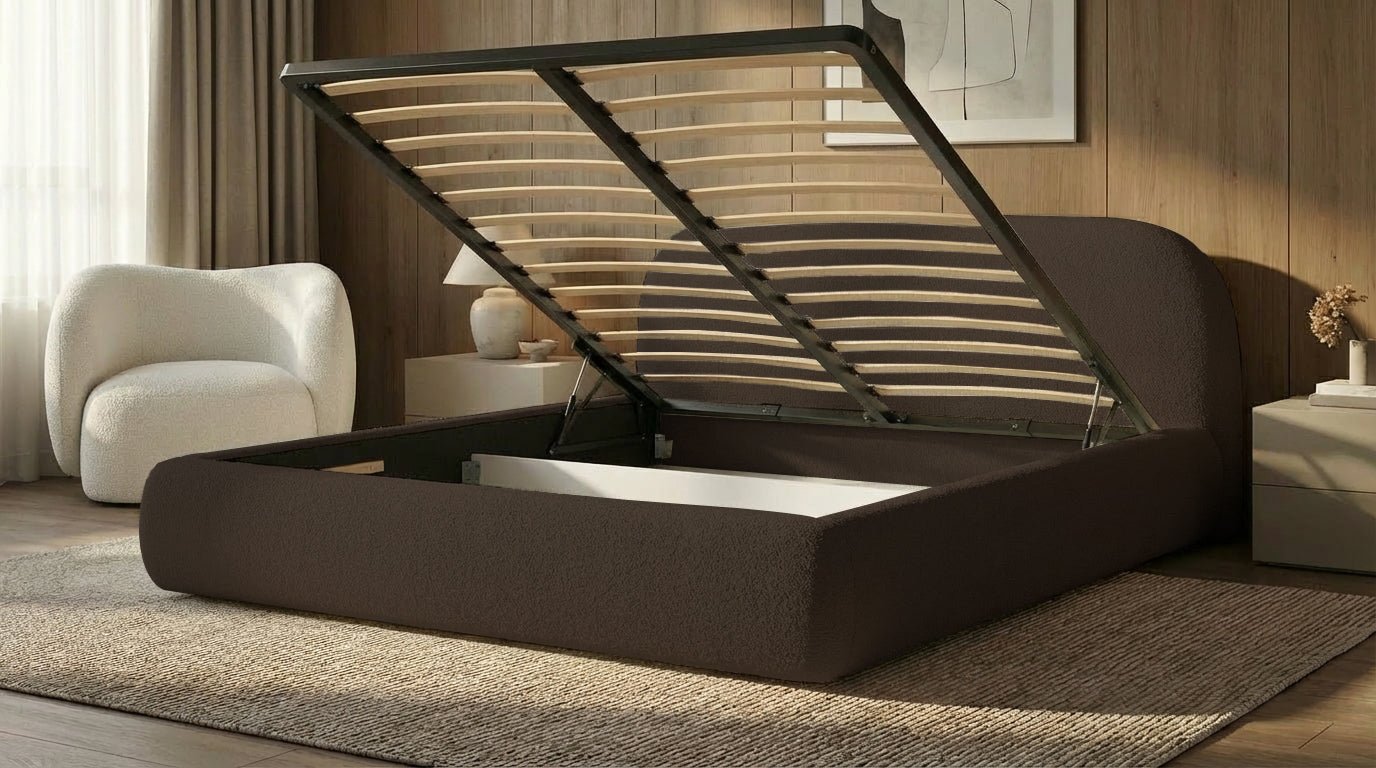 Designer Polsterbett Luma in Bouclé mit Stauraum