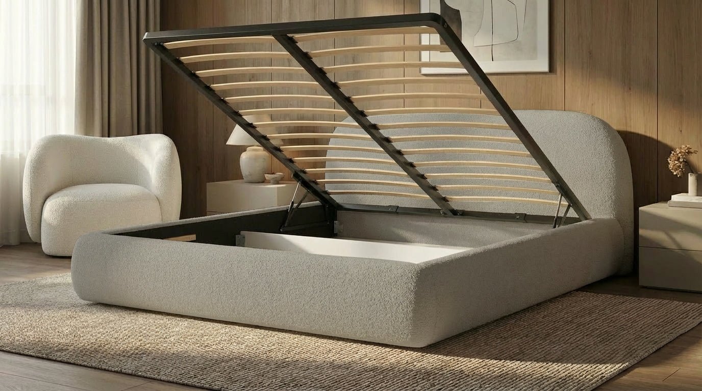 Designer Polsterbett Luma in Bouclé mit Stauraum