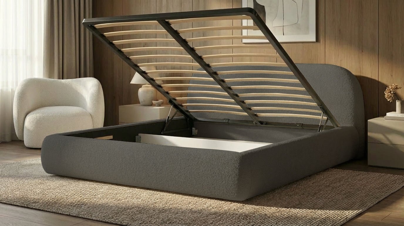 Designer Polsterbett Luma in Bouclé mit Stauraum