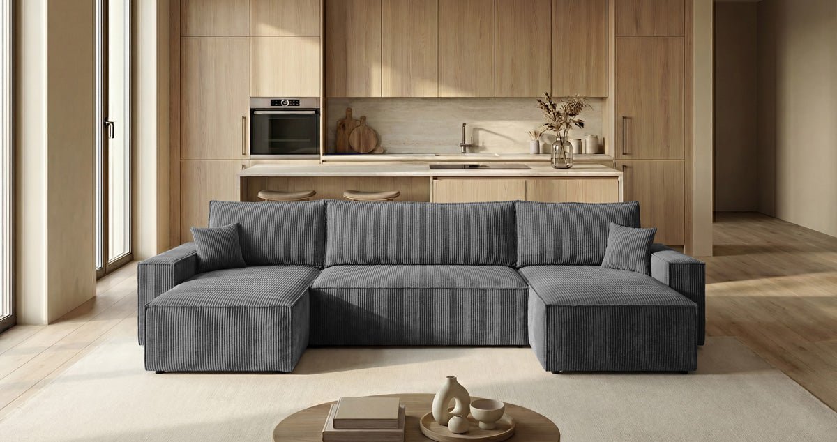 Designer Sofa Lunaro U Mini mit Schlaffunktion und Stauraum in Cord