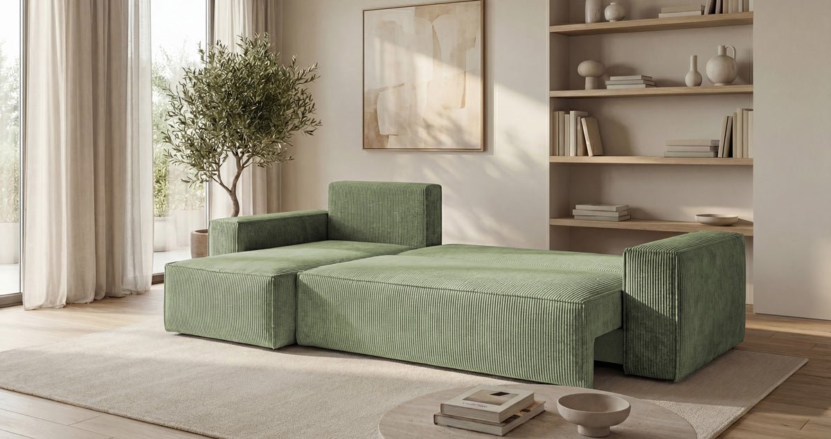Designer Sofa Lunaro Mini mit Schlaf- und Klappfunktion in Cord