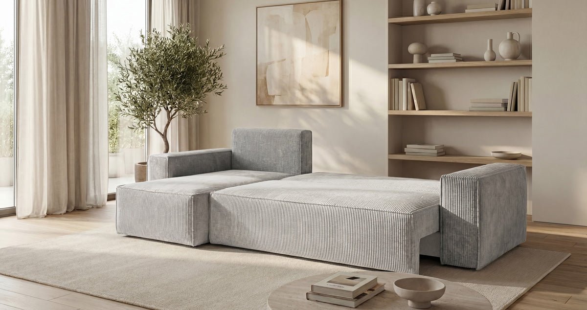 Designer Sofa Lunaro Mini mit Schlaf- und Klappfunktion in Cord