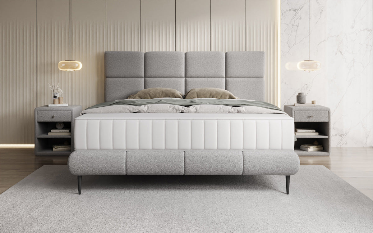 Boxspringbett Nessa mit hohen Füßen in Teddy Bouclé