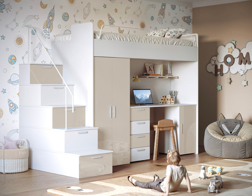 Kinderhochbett Dream Hochglanz – mit Schreibtisch, viel Stauraum & Matratze