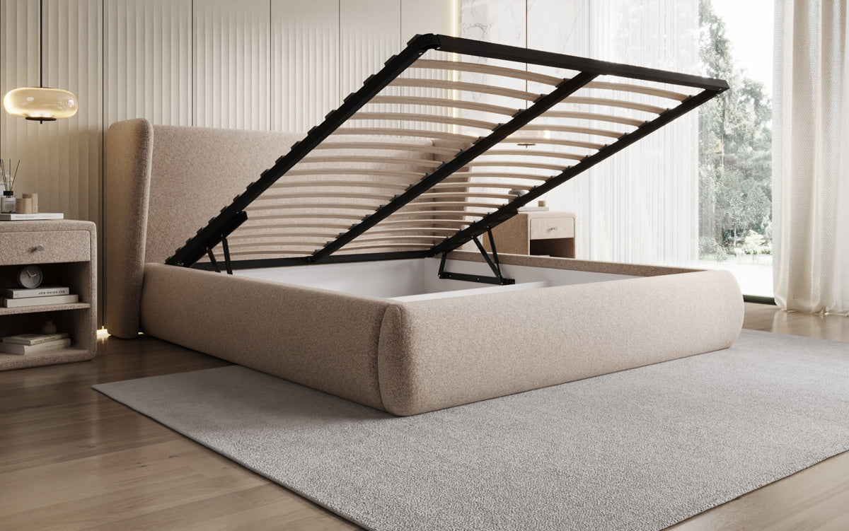 Designer Polsterbett Rosalie in Strukturstoff mit Stauraum
