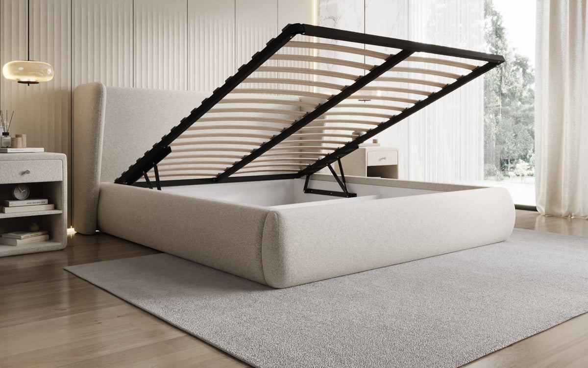 Designer Polsterbett Rosalie in Strukturstoff mit Stauraum