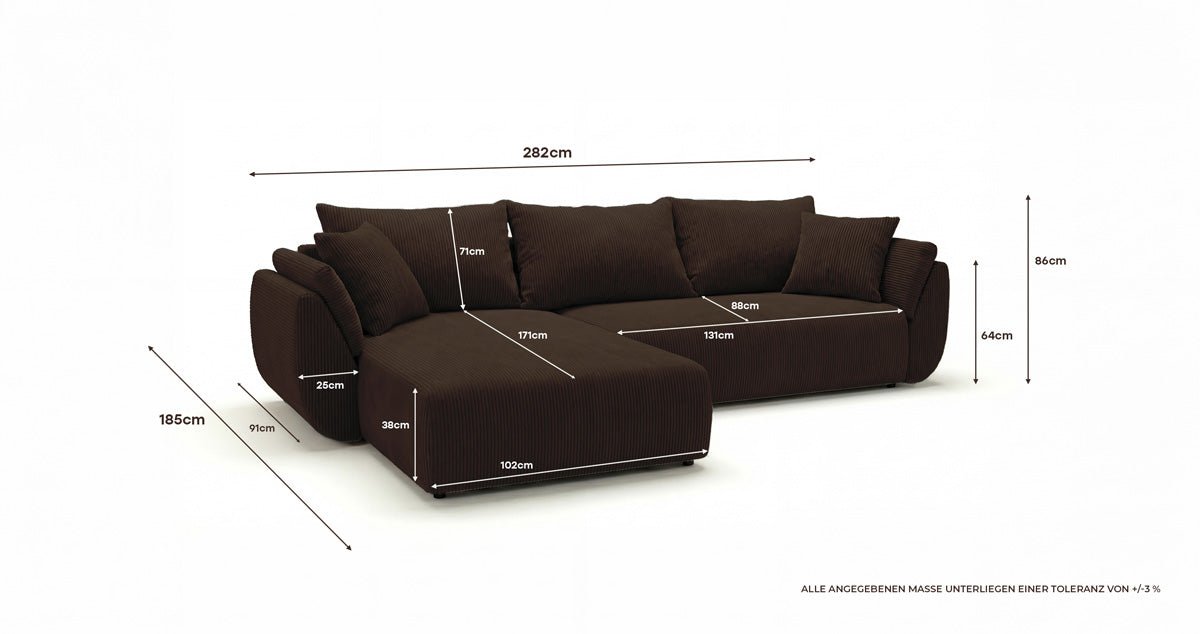 Designer Sofa Lenoa L mit Schlaf- und Klappfunktion in Cord