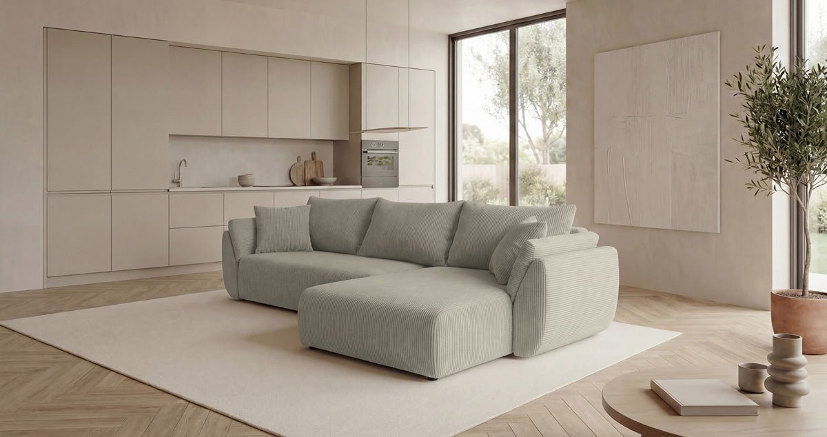Designer Sofa Lenoa L mit Schlaf- und Klappfunktion in Cord