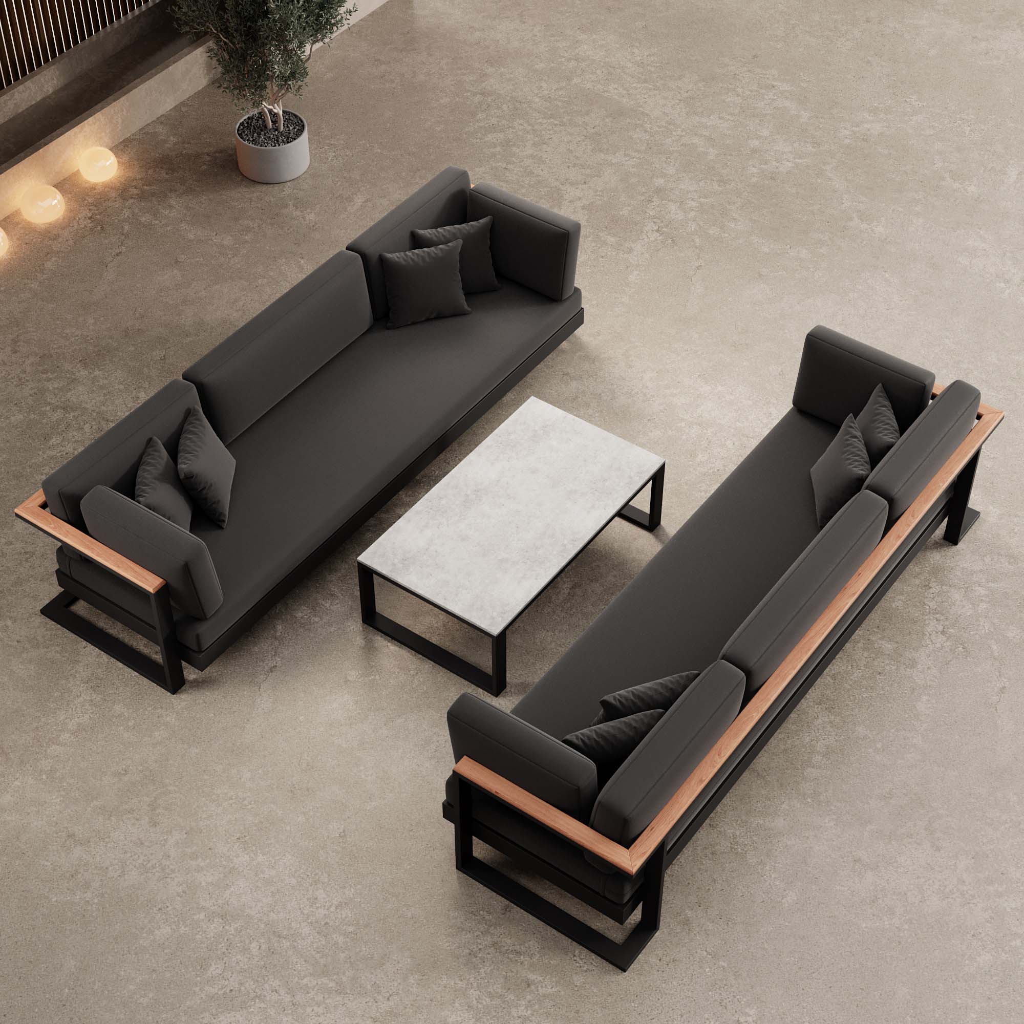 Vayla – 2 Dreisitzer & Tisch aus schwarzem Aluminium | Aevora™ Kollektion
