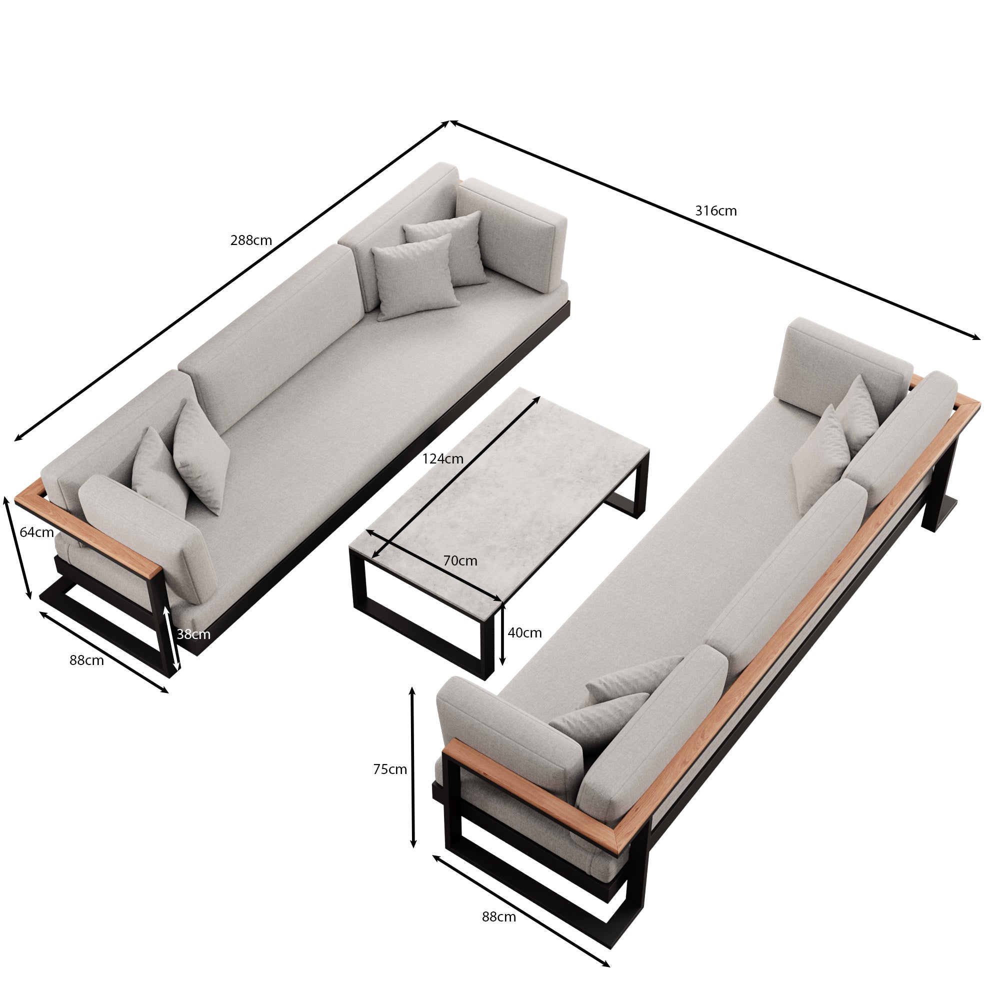 Vayla – 2 Dreisitzer & Tisch aus schwarzem Aluminium | Aevora™ Kollektion