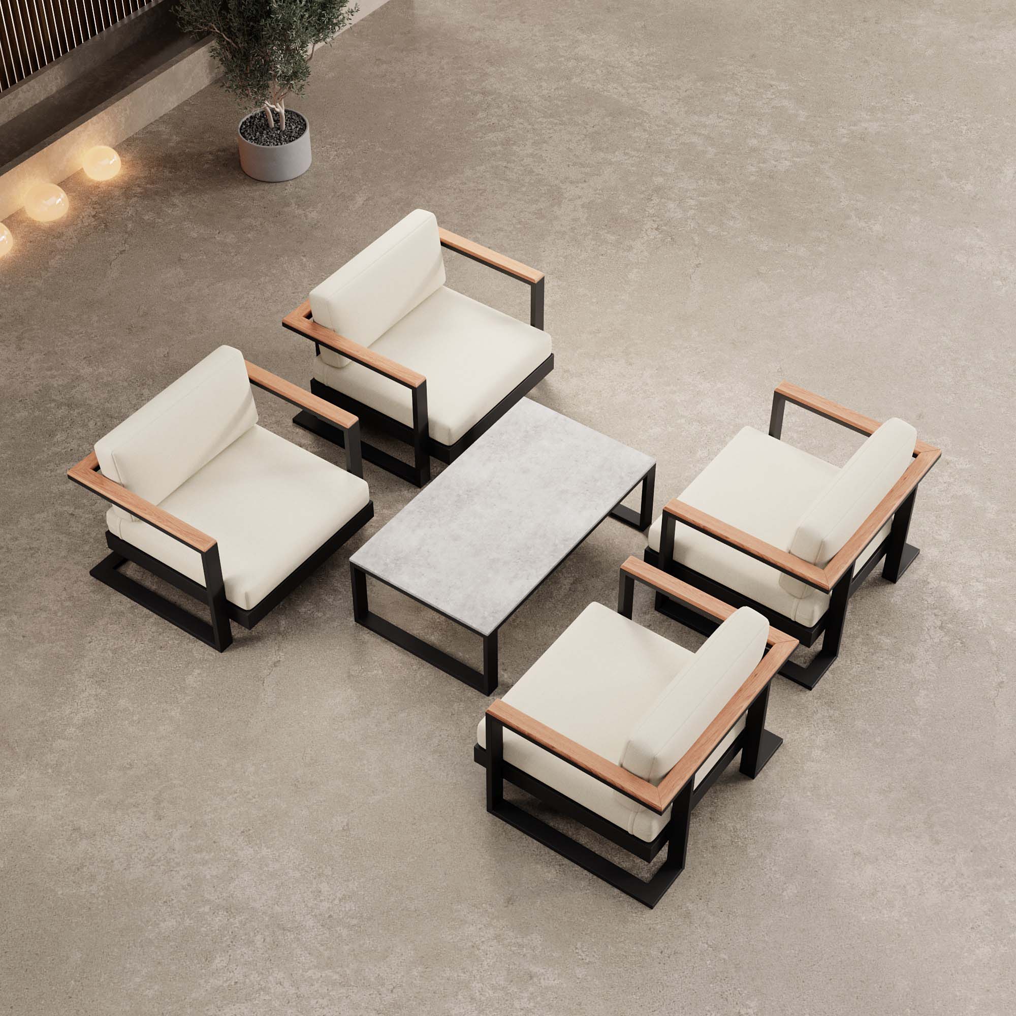 Vayla – 4 Loungesessel & Tisch aus schwarzem Aluminium | Aevora™ Kollektion