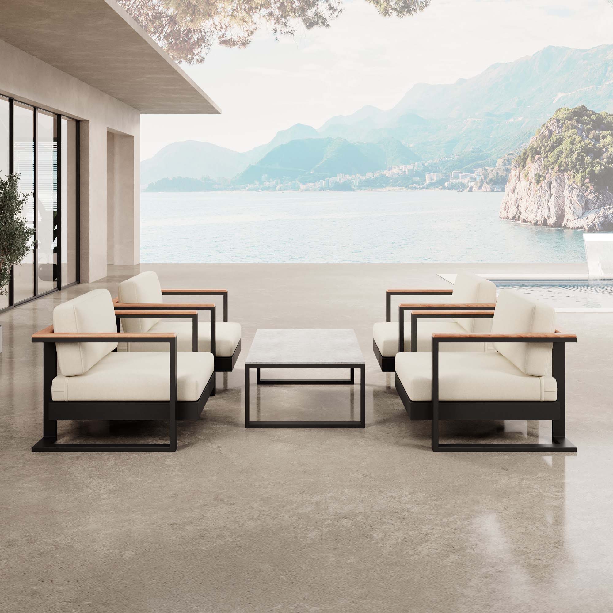 Vayla – 4 Loungesessel & Tisch aus schwarzem Aluminium | Aevora™ Kollektion