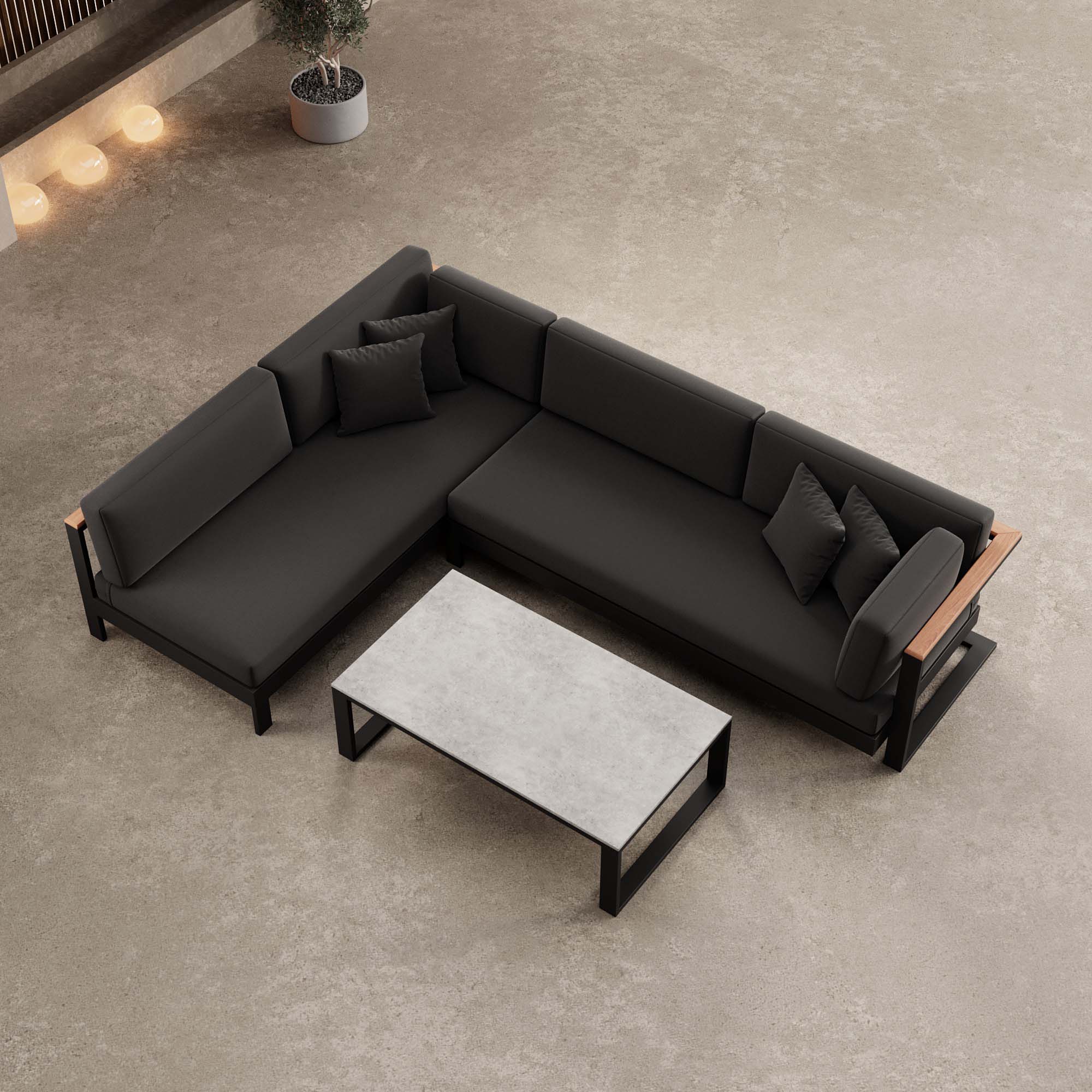 Vayla – Ecklounge, Ecksofa & Tisch aus schwarzem Aluminium | Aevora™ Kollektion