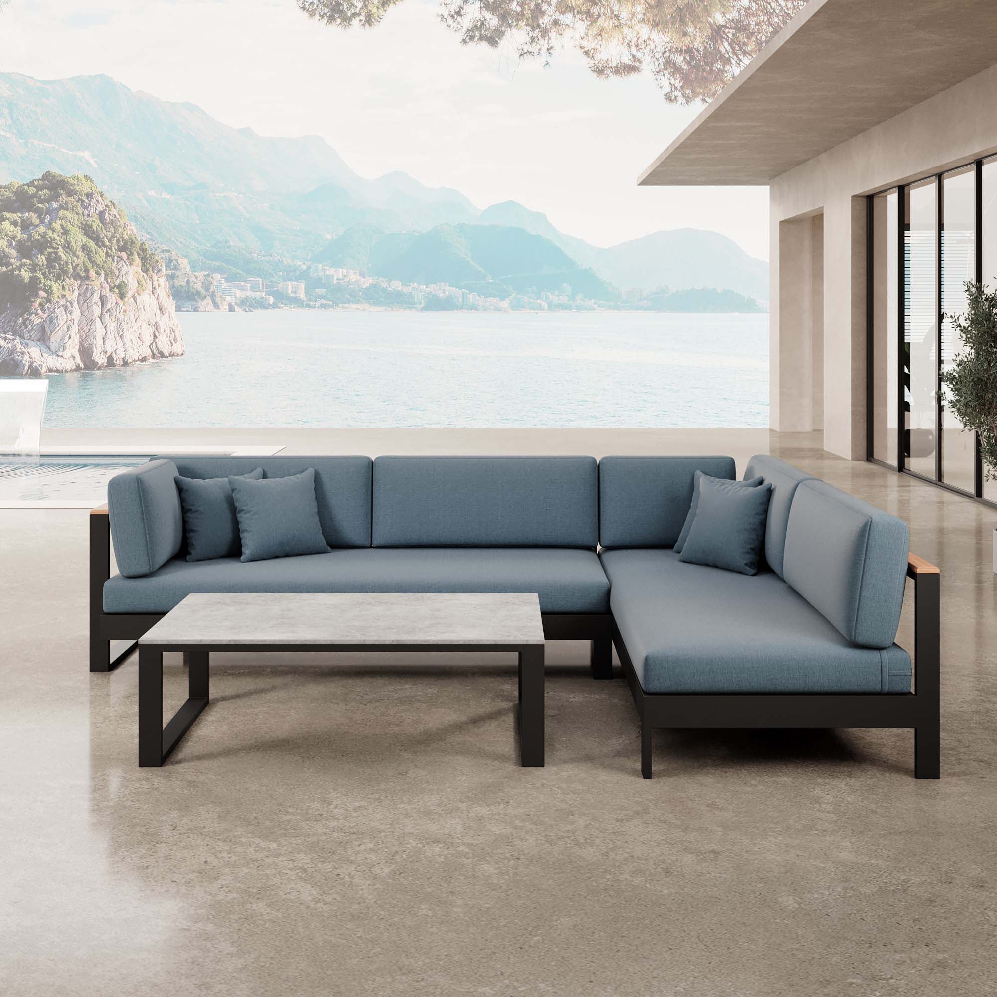 Vayla – Ecklounge, Ecksofa & Tisch aus schwarzem Aluminium | Aevora™ Kollektion