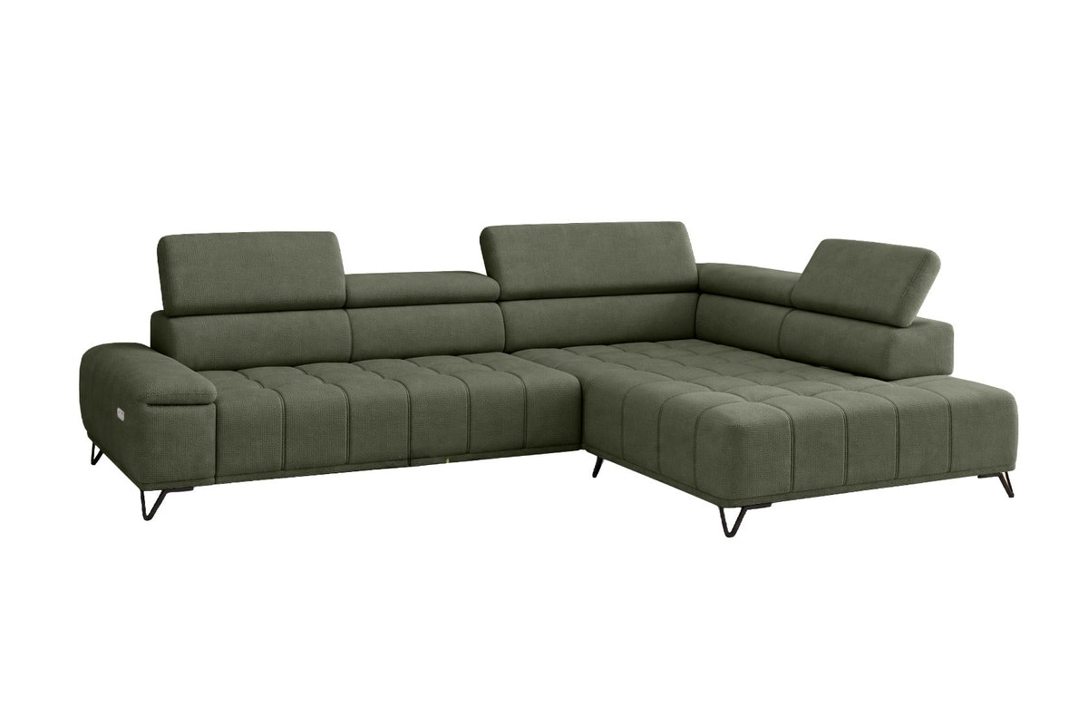 Designer Ecksofa Volo in Chenille Grün, Ottomane rechts