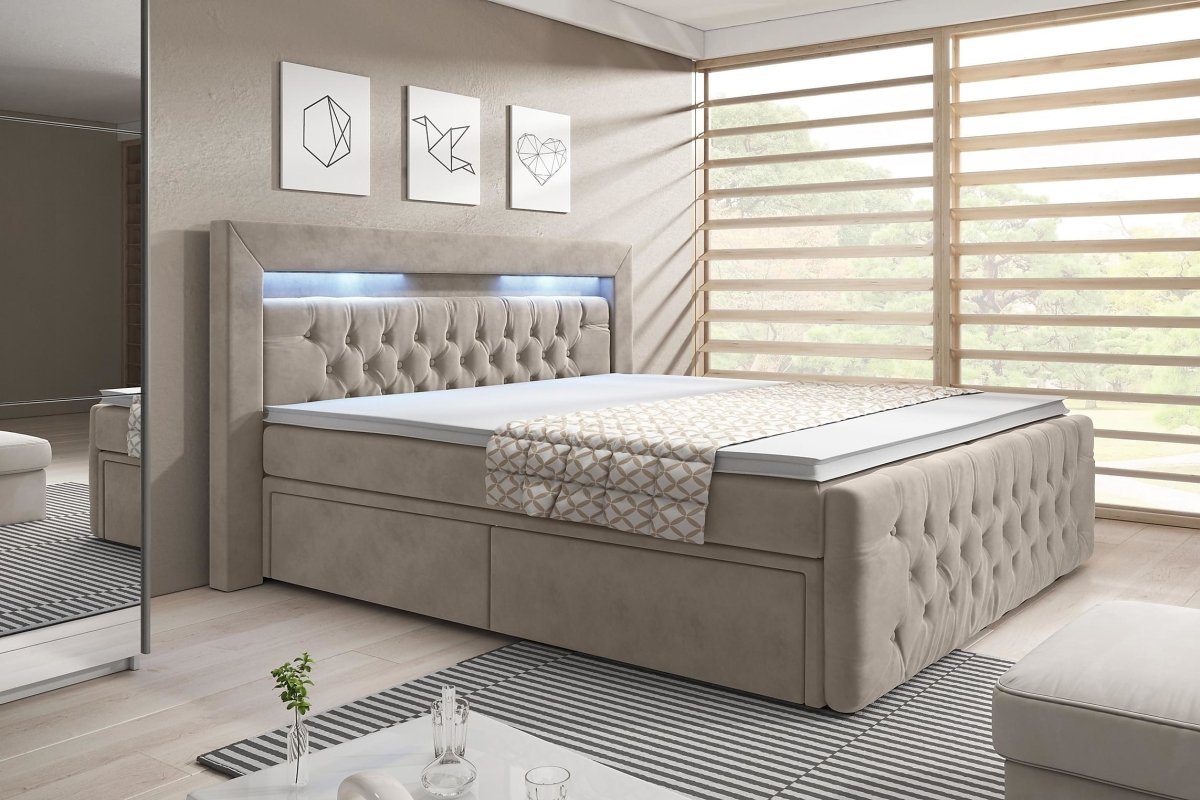 Boxspringbett Menzogna mit LED und Stauraum - 180x200 Beige - H4 - Luxusbetten24