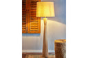 Stehlampe Calen – Gummibaumholz mit Leinenschirm