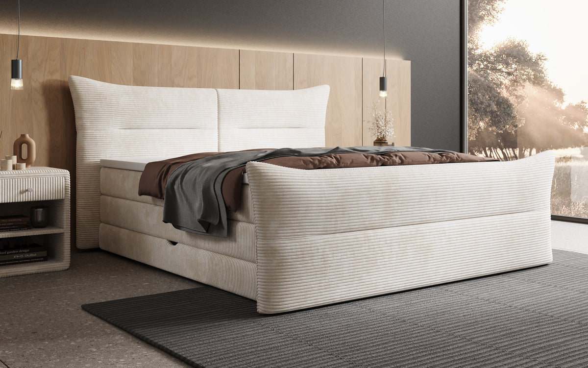 Boxspringbett Elea Cord in Beige (Poso 038) – Milieu seitlich